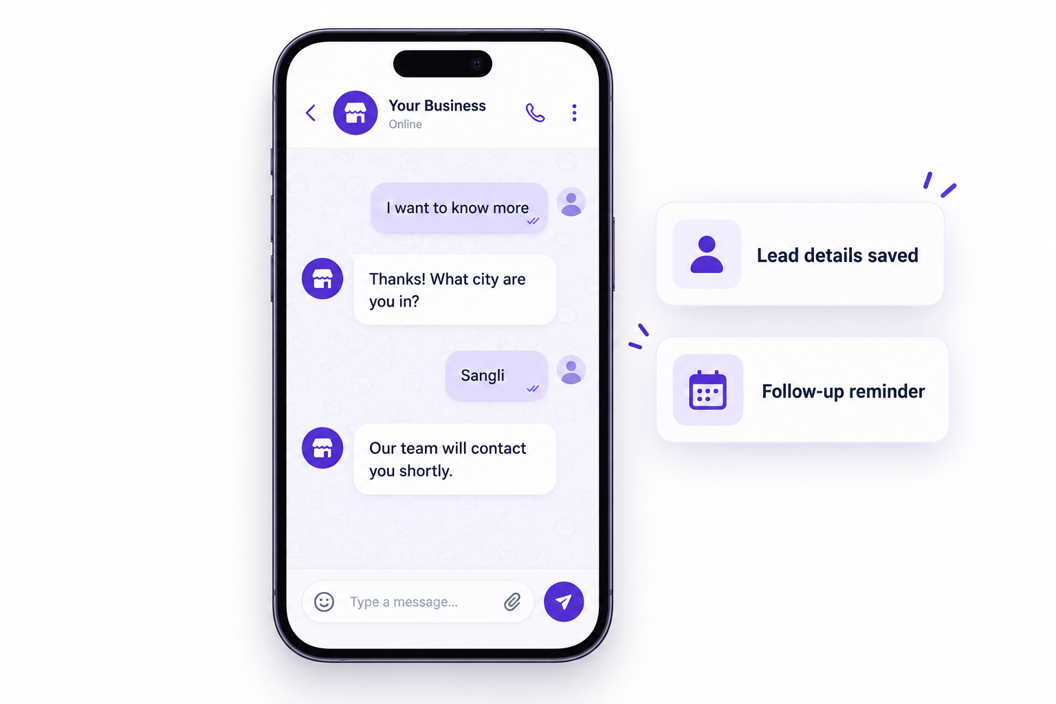Example business chat that collects a customer's city and prompts team follow-up