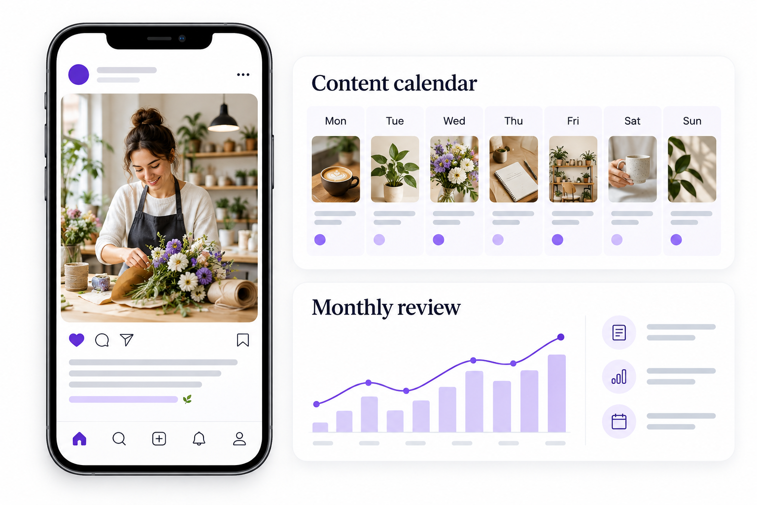 Social media post with a content calendar and monthly performance review